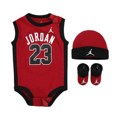 Jordan Infants J23 Jersey/hat/bodysuit/bootie 3 Piece Set (0-6M) "Gym Red"