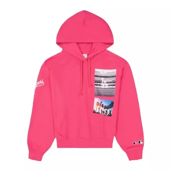 Champion MLB Rochester Autenthic Wmns LA Dodgers Print Logo Crop Hoodie "Fuchsia Pink"