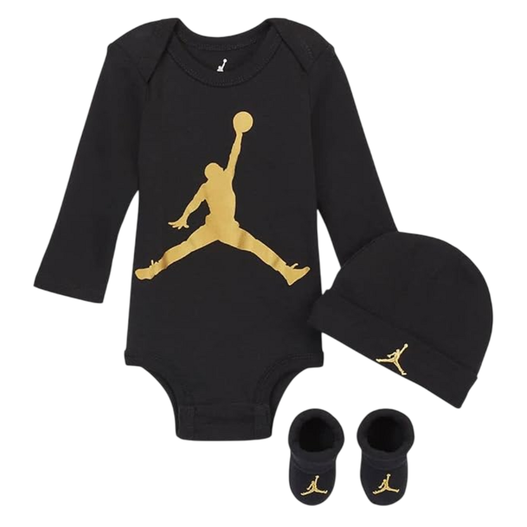 Jordan JHN Jumpman Infants Hat/Bodysuit long sleeve/Bootie Set 3pc "Black Gold"