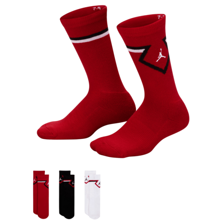 Jordan Kids Diamond High Crew Socks (3 Pairs) "Gym Red-White-Black"